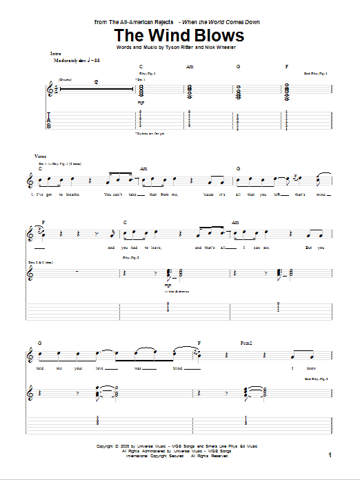 Learn to play The All-American Rejects The Wind Blows sheet music for Guitar Tab in minutes. Price: 7.8900$ The All-American Rejects The Wind Blows sheet music notes and chords arranged for Guitar Tab