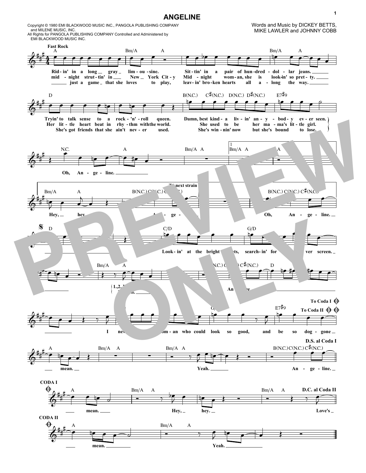 The Allman Brothers Band Angeline sheet music notes and chords. Download Printable PDF.