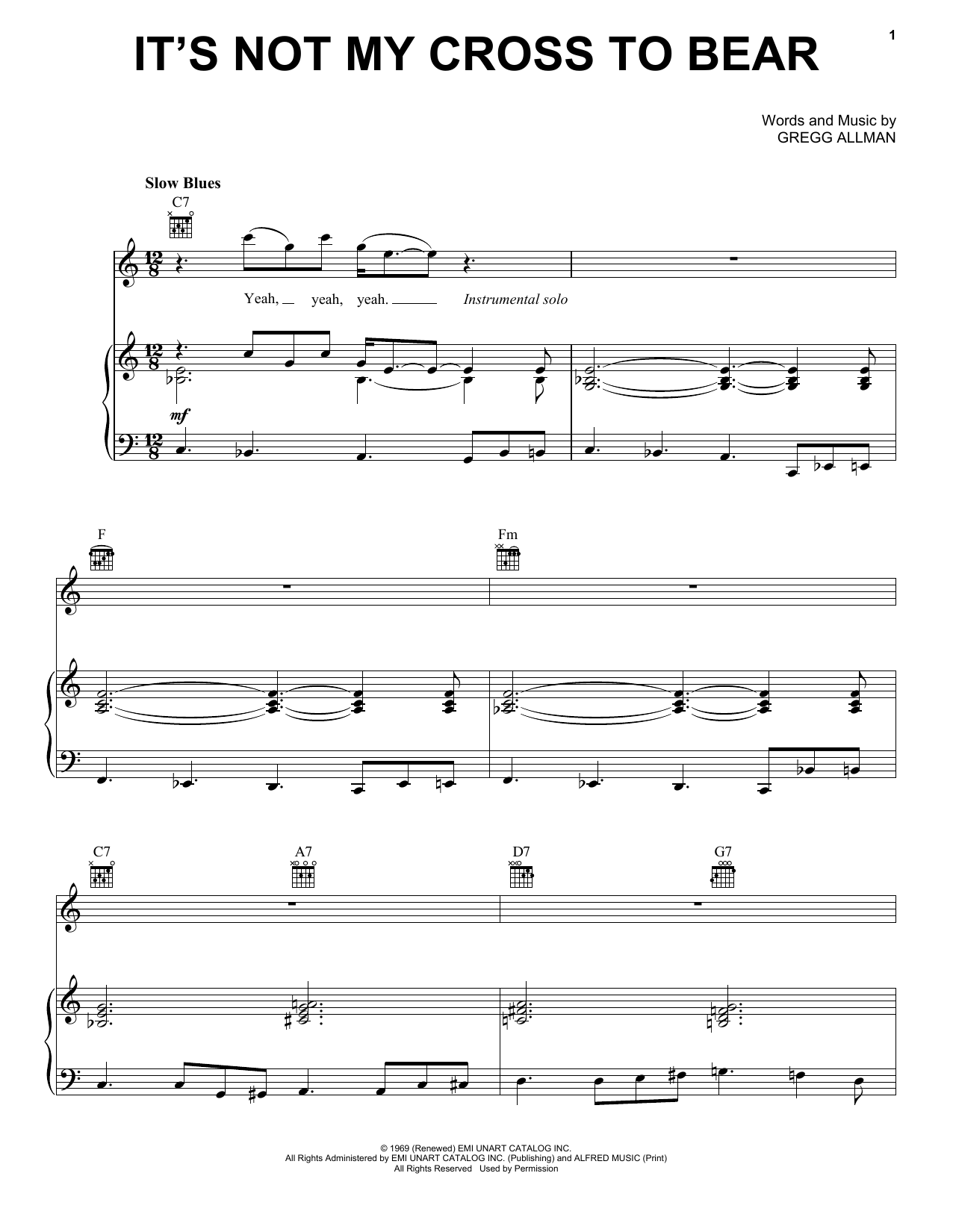 The Allman Brothers Band "It's Not My Cross To Bear" Sheet Music PDF Notes,  Chords | Rock Score Piano, Vocal & Guitar (Right-Hand Melody) Download  Printable. SKU: 443622