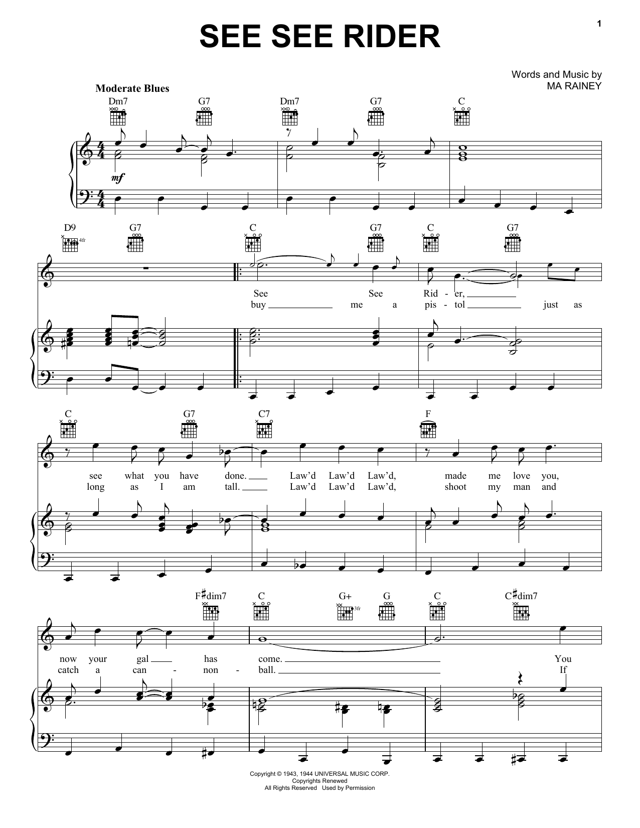 The Animals See See Rider sheet music notes and chords. Download Printable PDF.