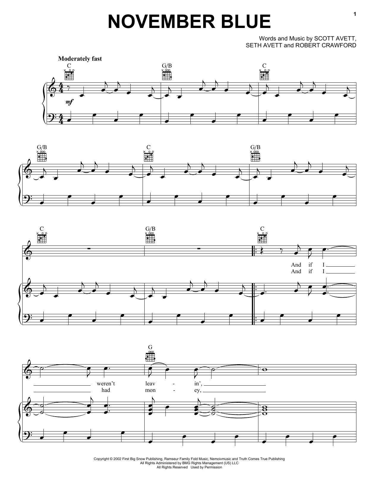 The Avett Brothers November Blue sheet music notes and chords. Download Printable PDF.