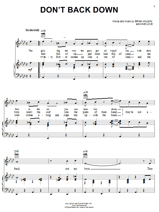 Learn to play The Beach Boys Don't Back Down sheet music for Piano, Vocal & Guitar (Right-Hand Melody) in minutes. The Beach Boys Don't Back Down sheet music notes and chords