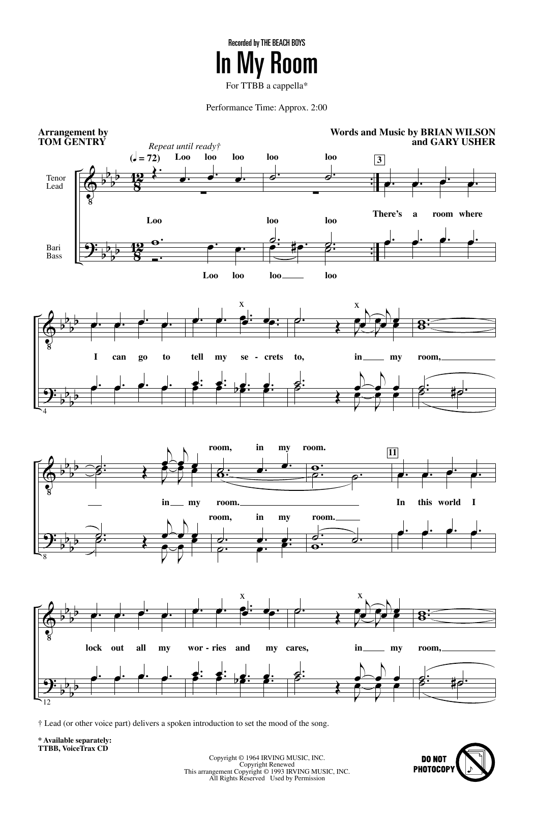 Learn to play The Beach Boys In My Room (arr. Tom Gentry) sheet music for TTBB Choir in minutes. Price: 3.9900$ The Beach Boys In My Room (arr. Tom Gentry) sheet music notes and chords arranged for TTBB Choir