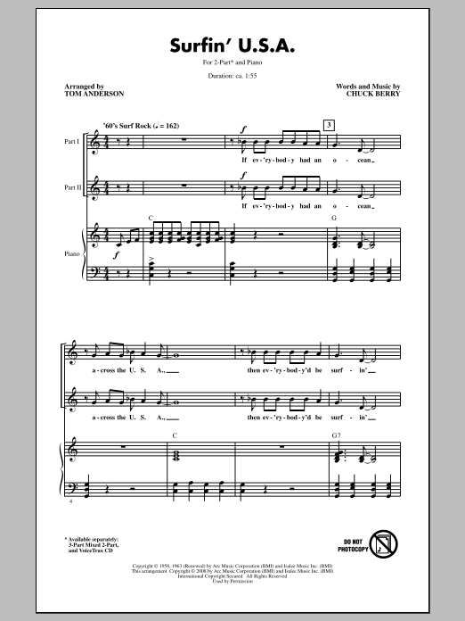 Learn to play The Beach Boys Surfin' U.S.A. (arr. Tom Anderson) sheet music for 2-Part Choir in minutes. The Beach Boys Surfin' U.S.A. (arr. Tom Anderson) sheet music notes and chords. Download Printable PDF.