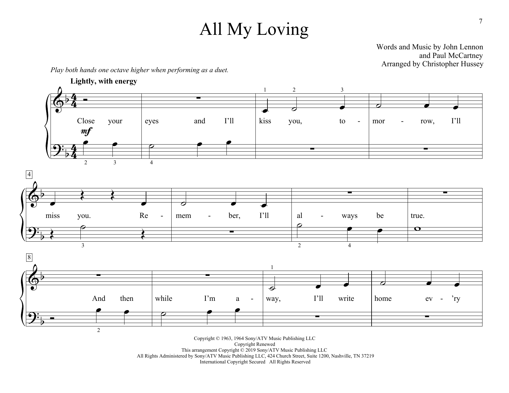 Learn to play The Beatles All My Loving (arr. Christopher Hussey) sheet music for Piano Duet in minutes. The Beatles All My Loving (arr. Christopher Hussey) sheet music notes and chords. Download Printable PDF.