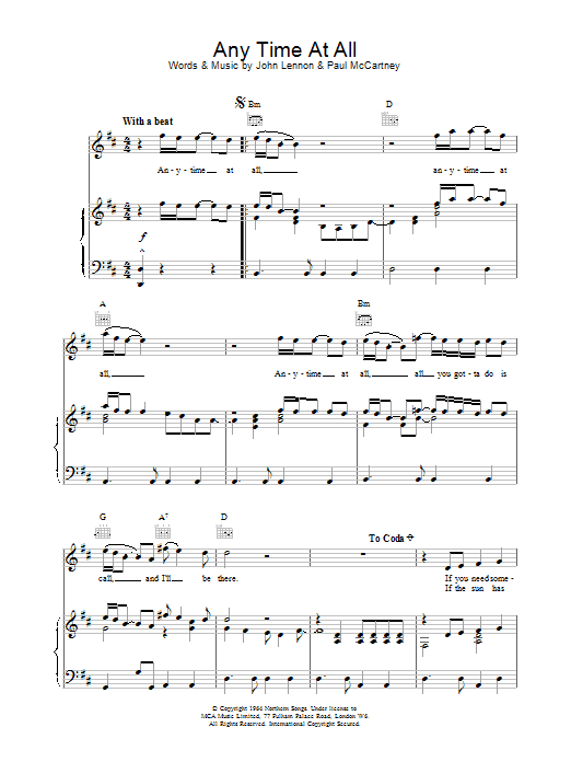 The Beatles Any Time At All sheet music for Piano, Vocal & Guitar (Right-Hand Melody) in minutes. Price: 7.8900$ The Beatles Any Time At All sheet music notes and chords. Download Printable PDF.