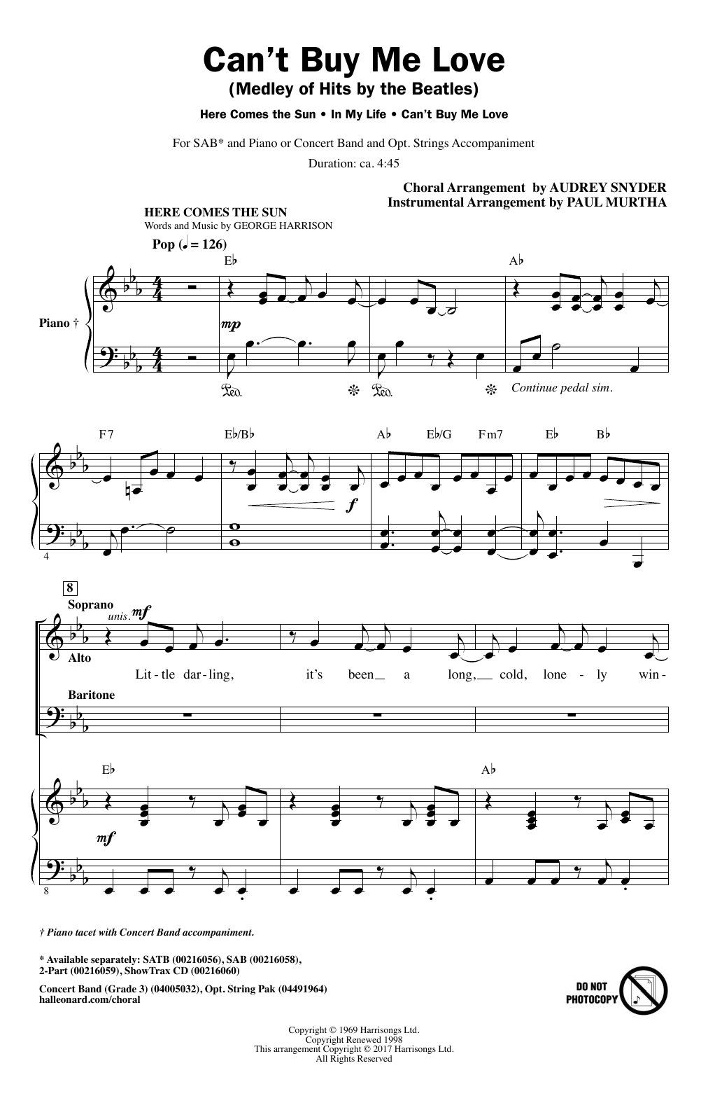 Learn to play The Beatles Can't Buy Me Love (Medley of Hits by The Beatles) (arr. Audrey Snyder) sheet music for SATB Choir in minutes. Price: 3.9900$ The Beatles Can't Buy Me Love (Medley of Hits by The Beatles) (arr. Audrey Snyder) sheet music notes and chords arranged for SATB Choir