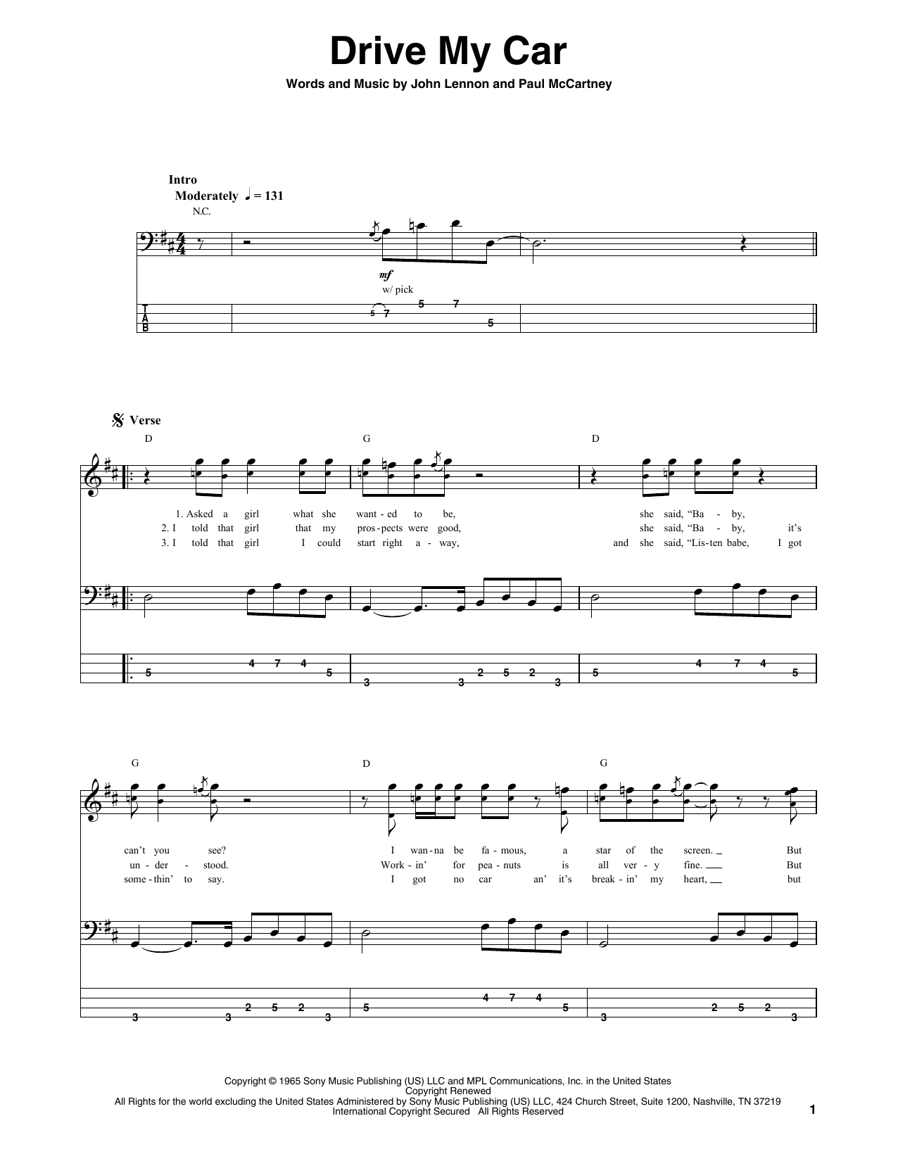 The Beatles Drive My Car sheet music notes and chords. Download Printable PDF.