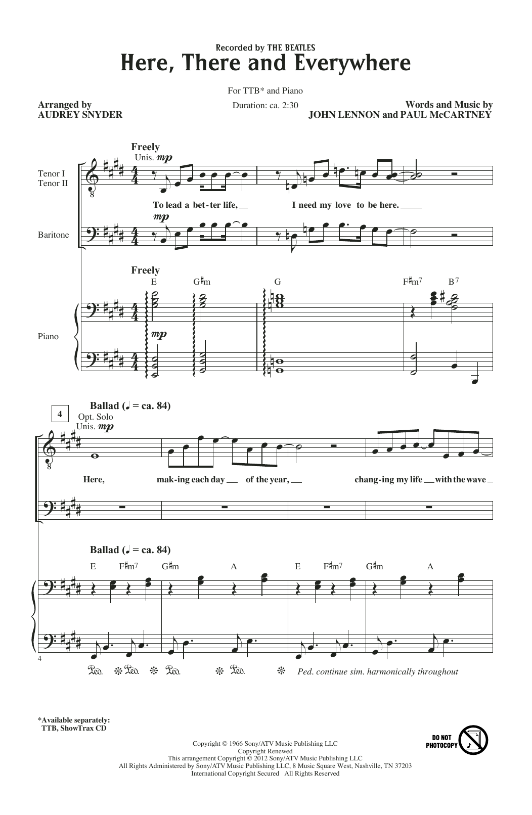 Learn to play The Beatles Here, There And Everywhere (arr. Audrey Snyder) sheet music for TTB Choir in minutes. Price: 3.9900$ The Beatles Here, There And Everywhere (arr. Audrey Snyder) sheet music notes and chords arranged for TTB Choir