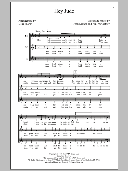 The Beatles "Hey Jude (arr. Deke Sharon)" Sheet Music PDF Notes, Chords | A  Cappella Score SSA Choir Download Printable. SKU: 71384