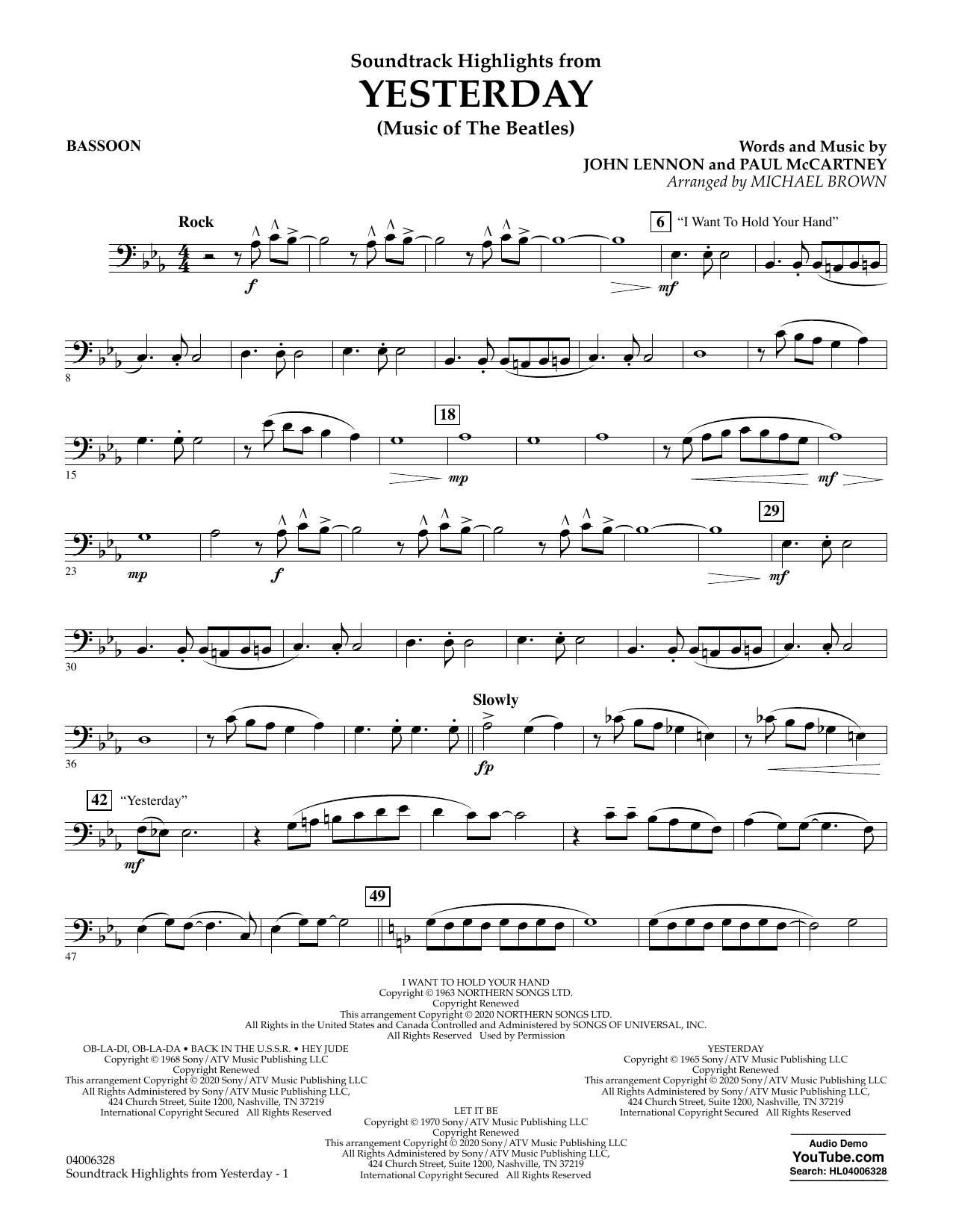 Learn to play The Beatles Highlights from Yesterday (Music Of The Beatles) (arr. Michael Brown) - Bassoon sheet music for Concert Band in minutes. The Beatles Highlights from Yesterday (Music Of The Beatles) (arr. Michael Brown) - Bassoon sheet music notes and chords. Download Printable PDF.
