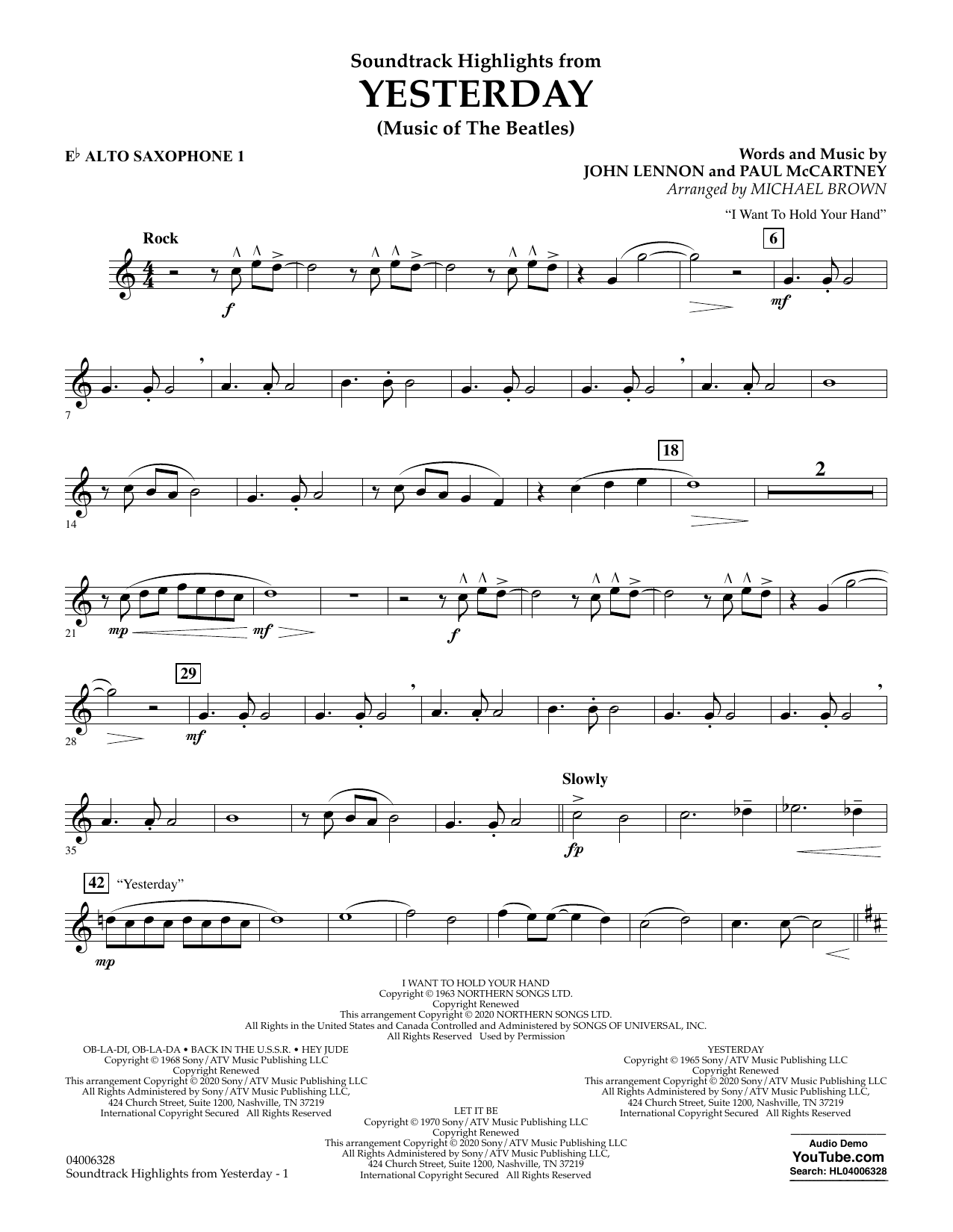Learn to play The Beatles Highlights from Yesterday (Music Of The Beatles) (arr. Michael Brown) - Eb Alto Saxophone 1 sheet music for Concert Band in minutes. The Beatles Highlights from Yesterday (Music Of The Beatles) (arr. Michael Brown) - Eb Alto Saxophone 1 sheet music notes and chords. Download Printable PDF.