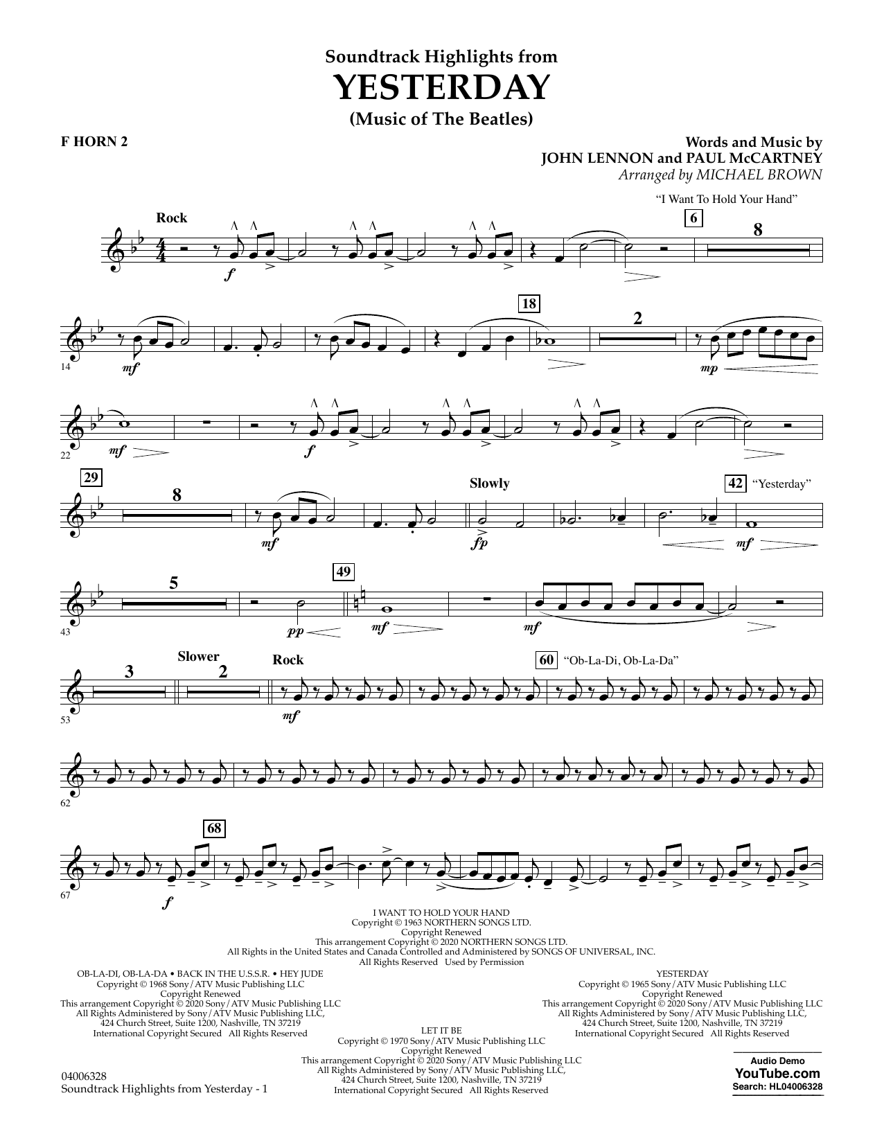Learn to play The Beatles Highlights from Yesterday (Music Of The Beatles) (arr. Michael Brown) - F Horn 2 sheet music for Concert Band in minutes. The Beatles Highlights from Yesterday (Music Of The Beatles) (arr. Michael Brown) - F Horn 2 sheet music notes and chords. Download Printable PDF.