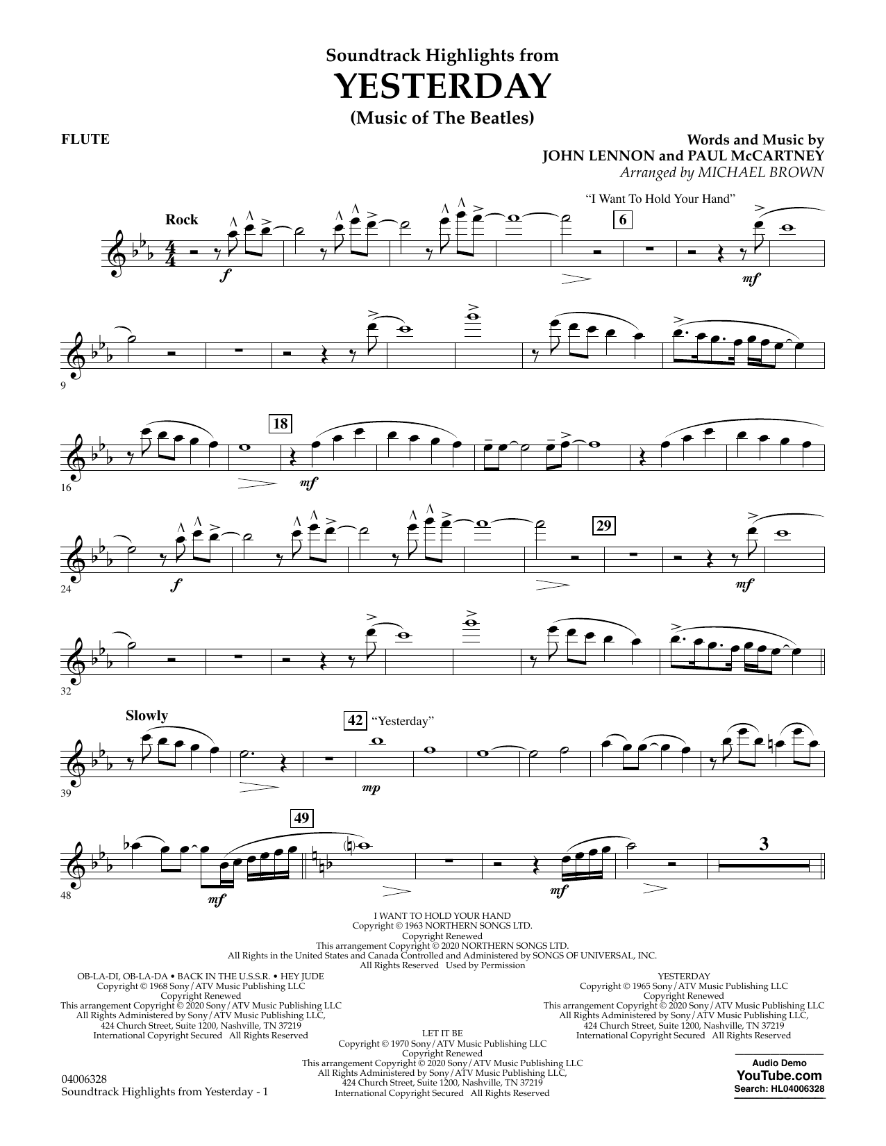 Learn to play The Beatles Highlights from Yesterday (Music Of The Beatles) (arr. Michael Brown) - Flute sheet music for Concert Band in minutes. The Beatles Highlights from Yesterday (Music Of The Beatles) (arr. Michael Brown) - Flute sheet music notes and chords. Download Printable PDF.