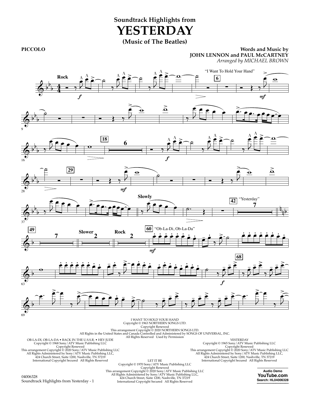 Learn to play The Beatles Highlights from Yesterday (Music Of The Beatles) (arr. Michael Brown) - Piccolo sheet music for Concert Band in minutes. The Beatles Highlights from Yesterday (Music Of The Beatles) (arr. Michael Brown) - Piccolo sheet music notes and chords. Download Printable PDF.