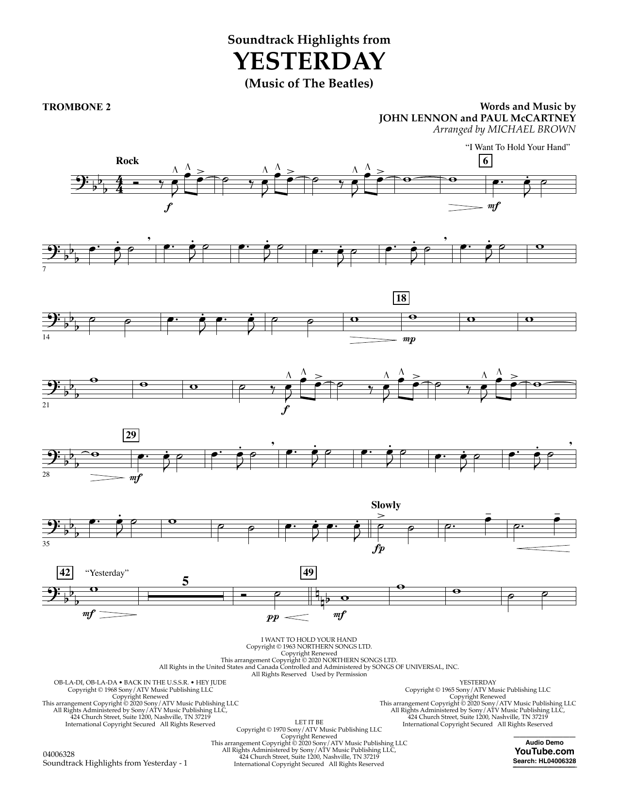 Learn to play The Beatles Highlights from Yesterday (Music Of The Beatles) (arr. Michael Brown) - Trombone 2 sheet music for Concert Band in minutes. The Beatles Highlights from Yesterday (Music Of The Beatles) (arr. Michael Brown) - Trombone 2 sheet music notes and chords. Download Printable PDF.