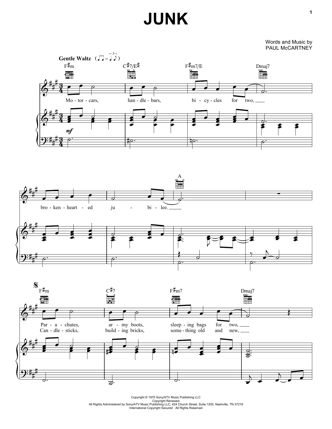 The Beatles Junk sheet music notes and chords. Download Printable PDF.