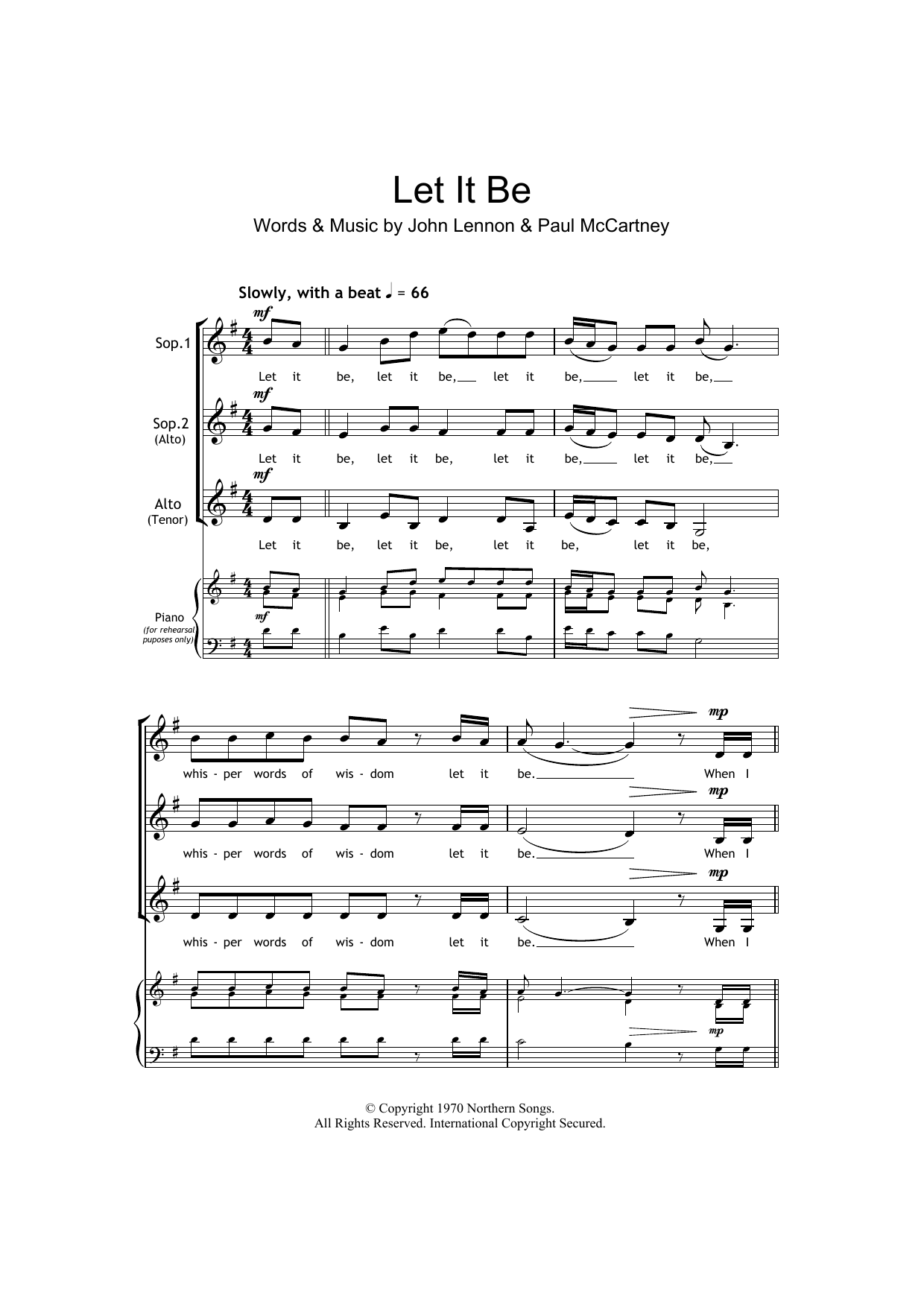 Learn to play The Beatles Let It Be (arr. Barrie Carson Turner) sheet music for SSA Choir in minutes. Price: 3.9900$ The Beatles Let It Be (arr. Barrie Carson Turner) sheet music notes and chords arranged for SSA Choir