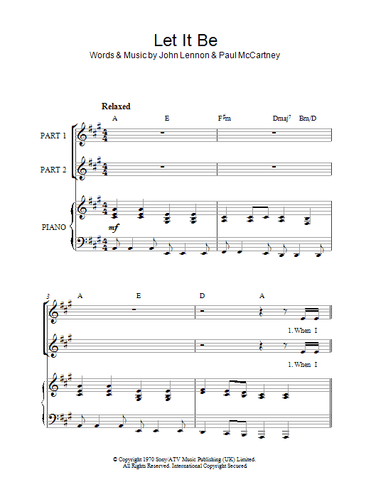 Learn to play The Beatles Let It Be (arr. Rick Hein) sheet music for 2-Part Choir in minutes. Price: 3.9900$ The Beatles Let It Be (arr. Rick Hein) sheet music notes and chords arranged for 2-Part Choir