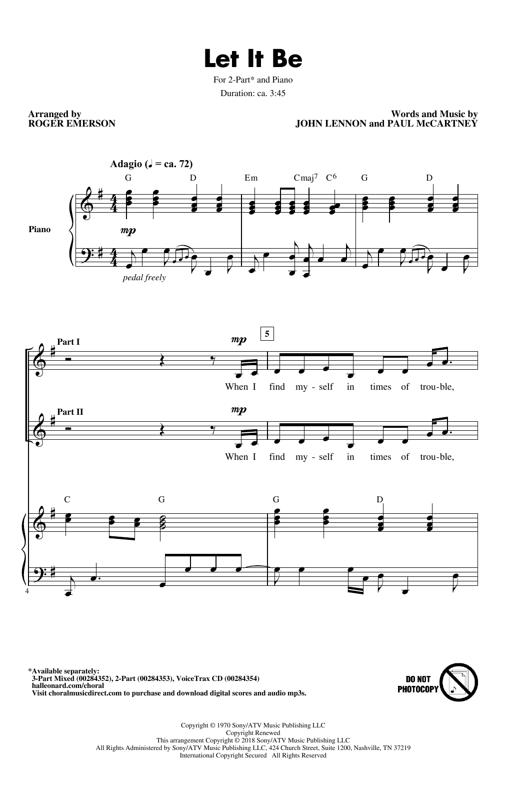 The Beatles Let It Be Arr Roger Emerson Sheet Music Pdf Notes Chords Pop Score 2 Part Choir Download Printable Sku 407405