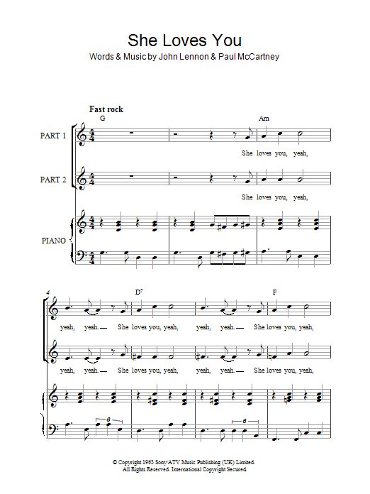 Learn to play The Beatles She Loves You (arr. Rick Hein) sheet music for 2-Part Choir in minutes. Price: 3.9900$ The Beatles She Loves You (arr. Rick Hein) sheet music notes and chords arranged for 2-Part Choir