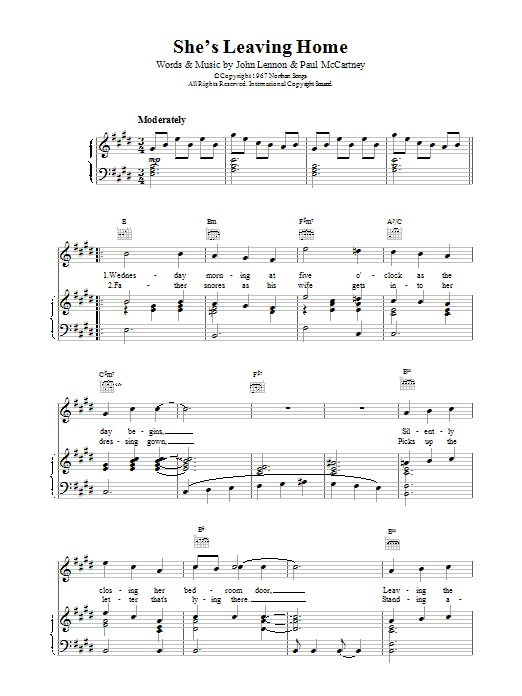Learn to play The Beatles She's Leaving Home sheet music for Piano, Vocal & Guitar (Right-Hand Melody) in minutes. The Beatles She's Leaving Home sheet music notes and chords. Download Printable PDF.