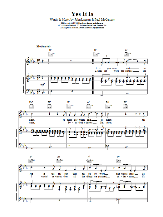 The Beatles Yes It Is sheet music notes and chords. Download Printable PDF.