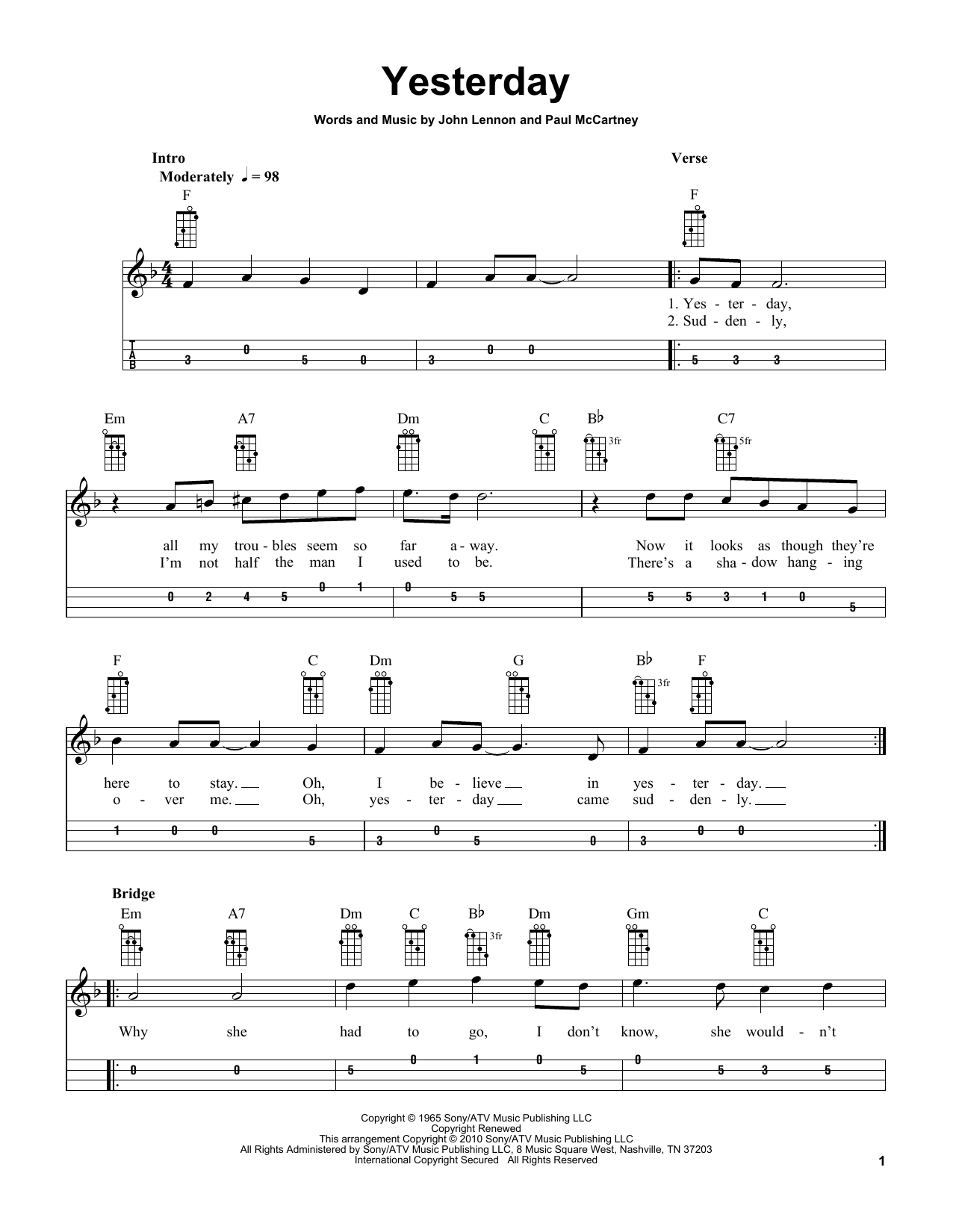 Learn to play The Beatles Yesterday (arr. Bobby Westfall) sheet music for Mandolin in minutes. Price: 6.9900$ The Beatles Yesterday (arr. Bobby Westfall) sheet music notes and chords arranged for Mandolin