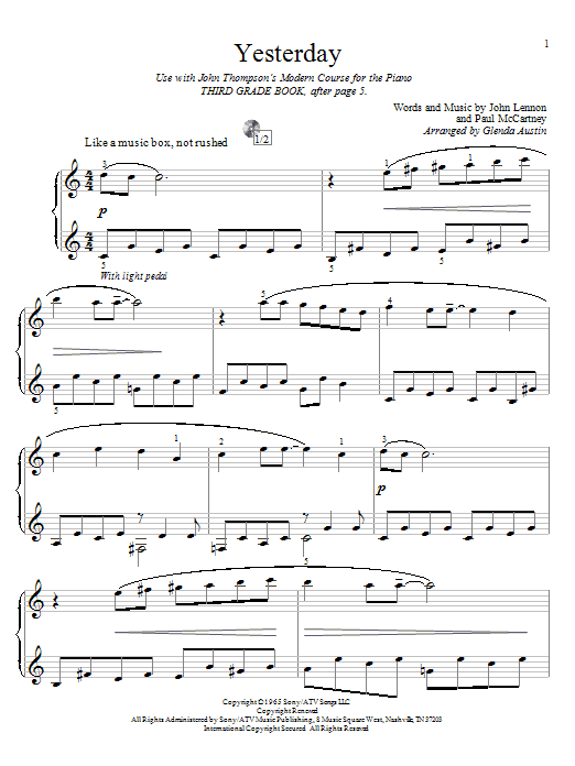 Learn to play Glenda Austin Yesterday sheet music for Educational Piano in minutes. Price: 6.9900$ Glenda Austin Yesterday sheet music notes and chords arranged for Educational Piano
