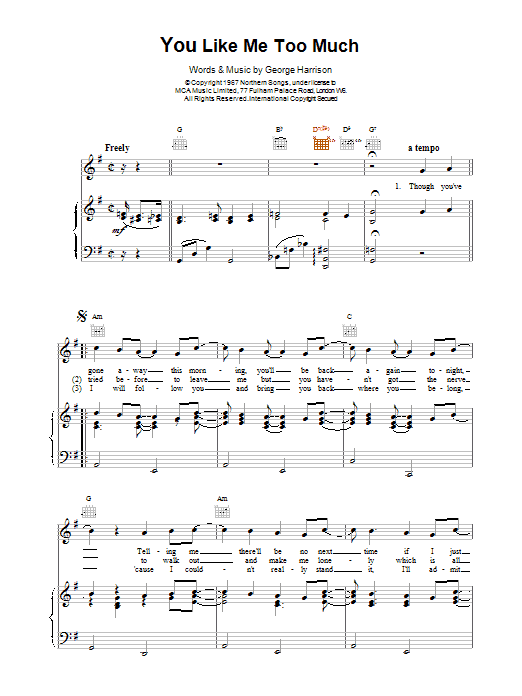 Learn to play The Beatles You Like Me Too Much sheet music for Guitar Tab in minutes. Price: 7.8900$ The Beatles You Like Me Too Much sheet music notes and chords arranged for Guitar Tab