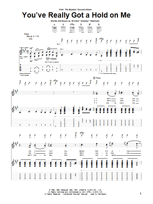 Learn to play The Beatles You've Really Got A Hold On Me sheet music for Guitar Tab in minutes. The Beatles You've Really Got A Hold On Me sheet music notes and chords. Download Printable PDF.