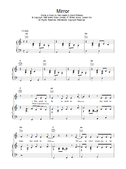 The Beautiful South Mirror sheet music notes and chords. Download Printable PDF.