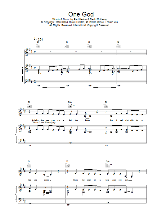 The Beautiful South One God sheet music notes and chords. Download Printable PDF.