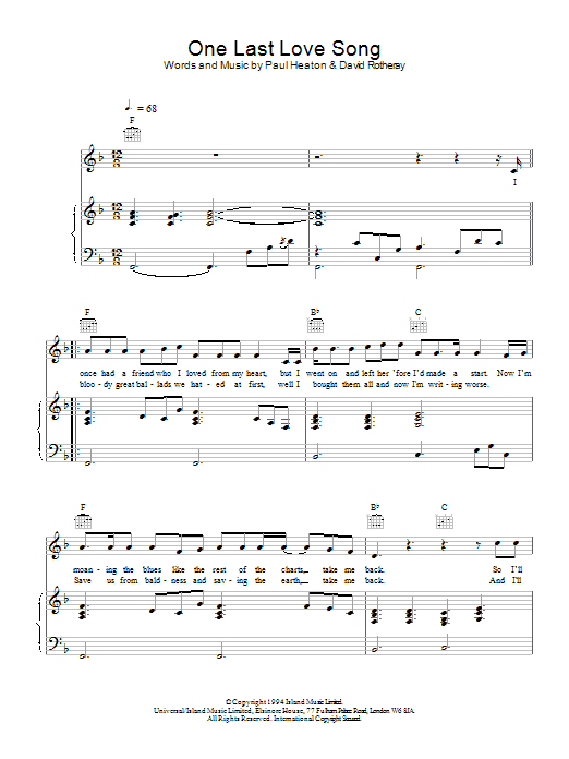 The Beautiful South One Last Love Song sheet music notes and chords. Download Printable PDF.