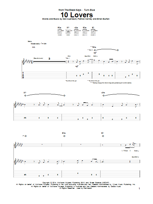 The Black Keys 10 Lovers sheet music notes and chords. Download Printable PDF.