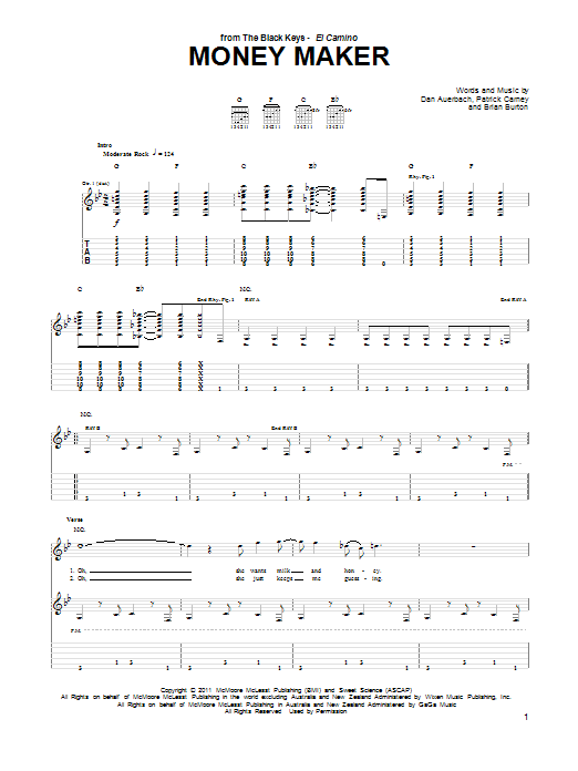 The Black Keys Money Maker sheet music notes and chords. Download Printable PDF.