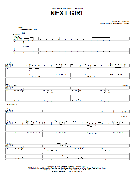 The Black Keys Next Girl sheet music notes and chords. Download Printable PDF.