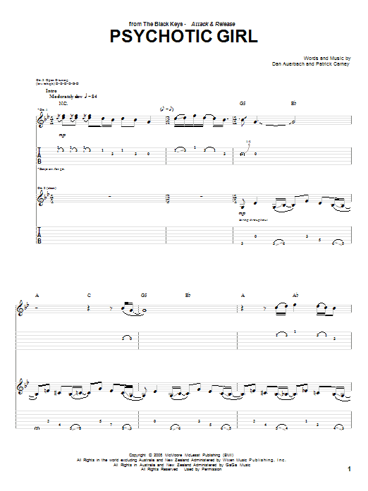 The Black Keys Psychotic Girl sheet music notes and chords. Download Printable PDF.