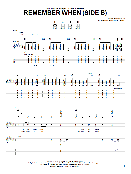 Learn to play The Black Keys Remember When (Side B) sheet music for Guitar Tab in minutes. Price: 7.8900$ The Black Keys Remember When (Side B) sheet music notes and chords arranged for Guitar Tab