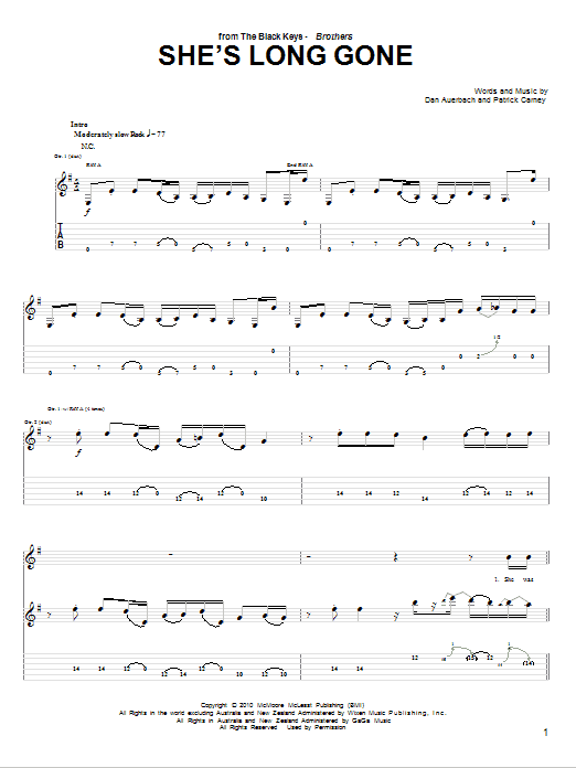 Learn to play The Black Keys She's Long Gone sheet music for Guitar Tab in minutes. Price: 7.8900$ The Black Keys She's Long Gone sheet music notes and chords arranged for Guitar Tab