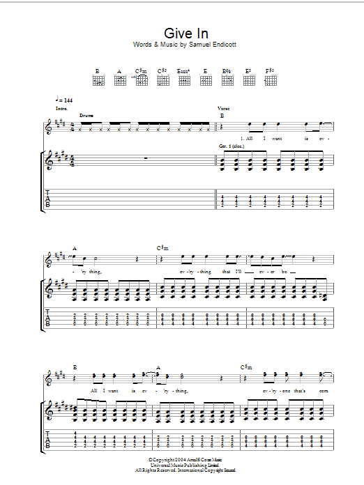 The Bravery Give In sheet music notes and chords. Download Printable PDF.