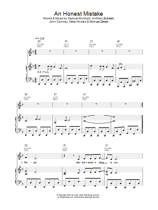 The Bravery Honest Mistake sheet music notes and chords. Download Printable PDF.