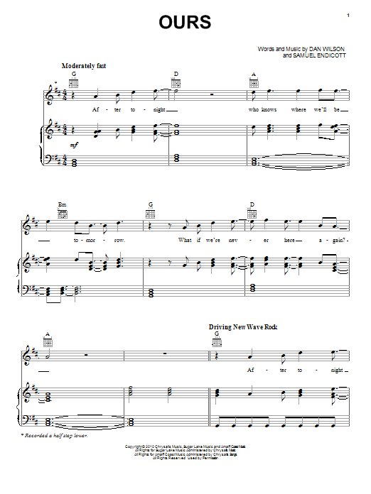 The Bravery Ours sheet music notes and chords. Download Printable PDF.