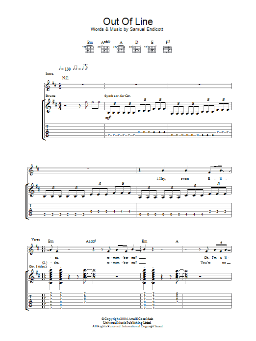 Learn to play The Bravery Out Of Line sheet music for Guitar Tab in minutes. The Bravery Out Of Line sheet music notes and chords. Download Printable PDF.