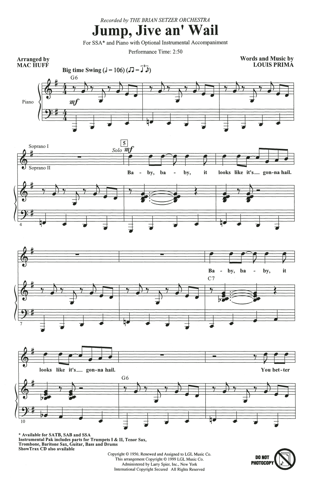 Learn to play The Brian Setzer Orchestra Jump, Jive An' Wail (arr. Mac Huff) sheet music for SSA Choir in minutes. Price: 3.9900$ The Brian Setzer Orchestra Jump, Jive An' Wail (arr. Mac Huff) sheet music notes and chords arranged for SSA Choir