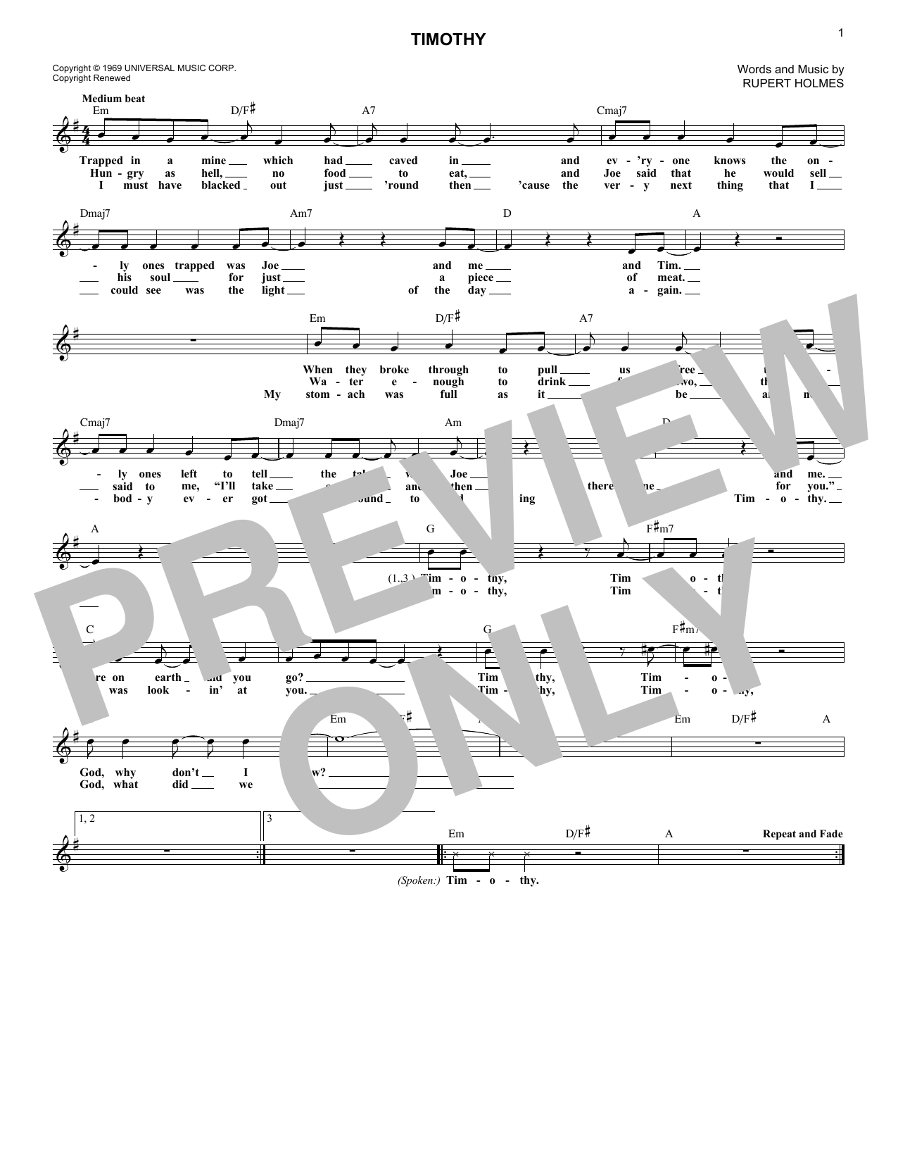 The Buoys 'Timothy' Sheet Music, Chords & Lyrics | Download Printable ...