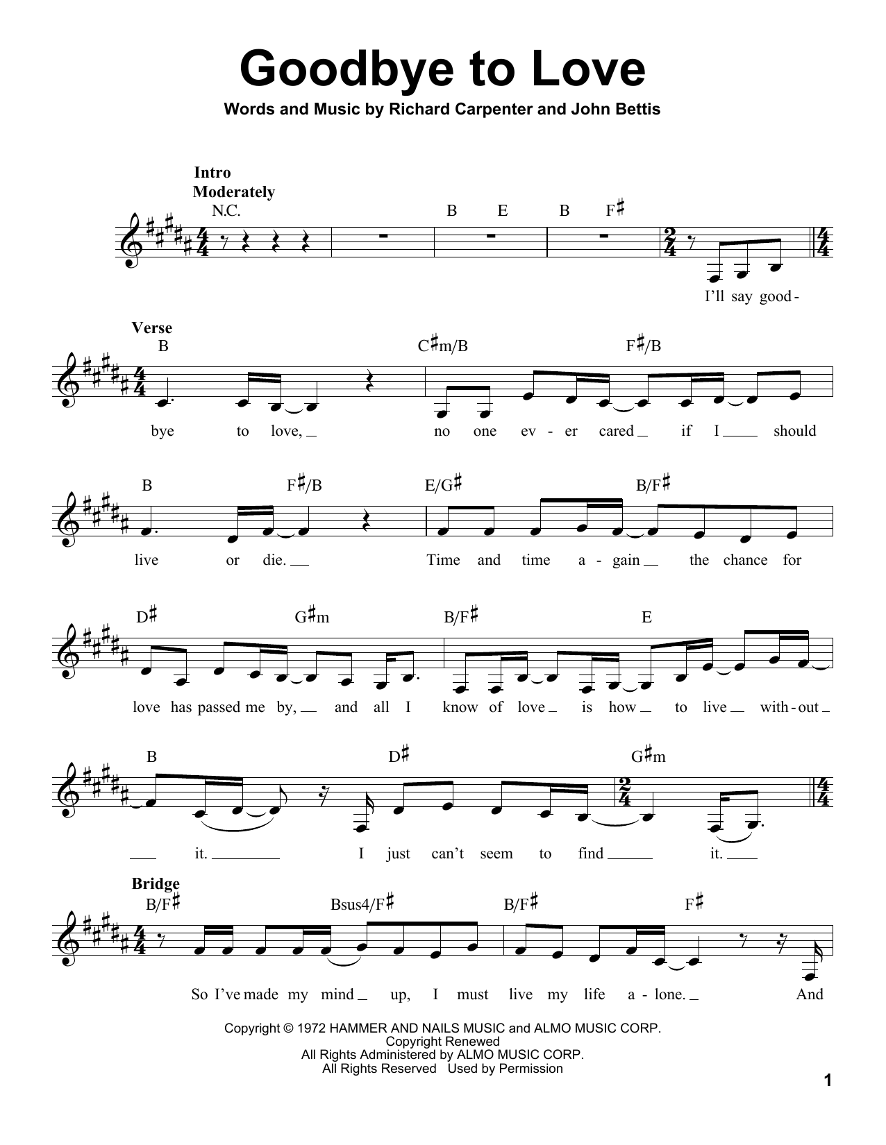 The Carpenters Goodbye To Love sheet music notes and chords. Download Printable PDF.