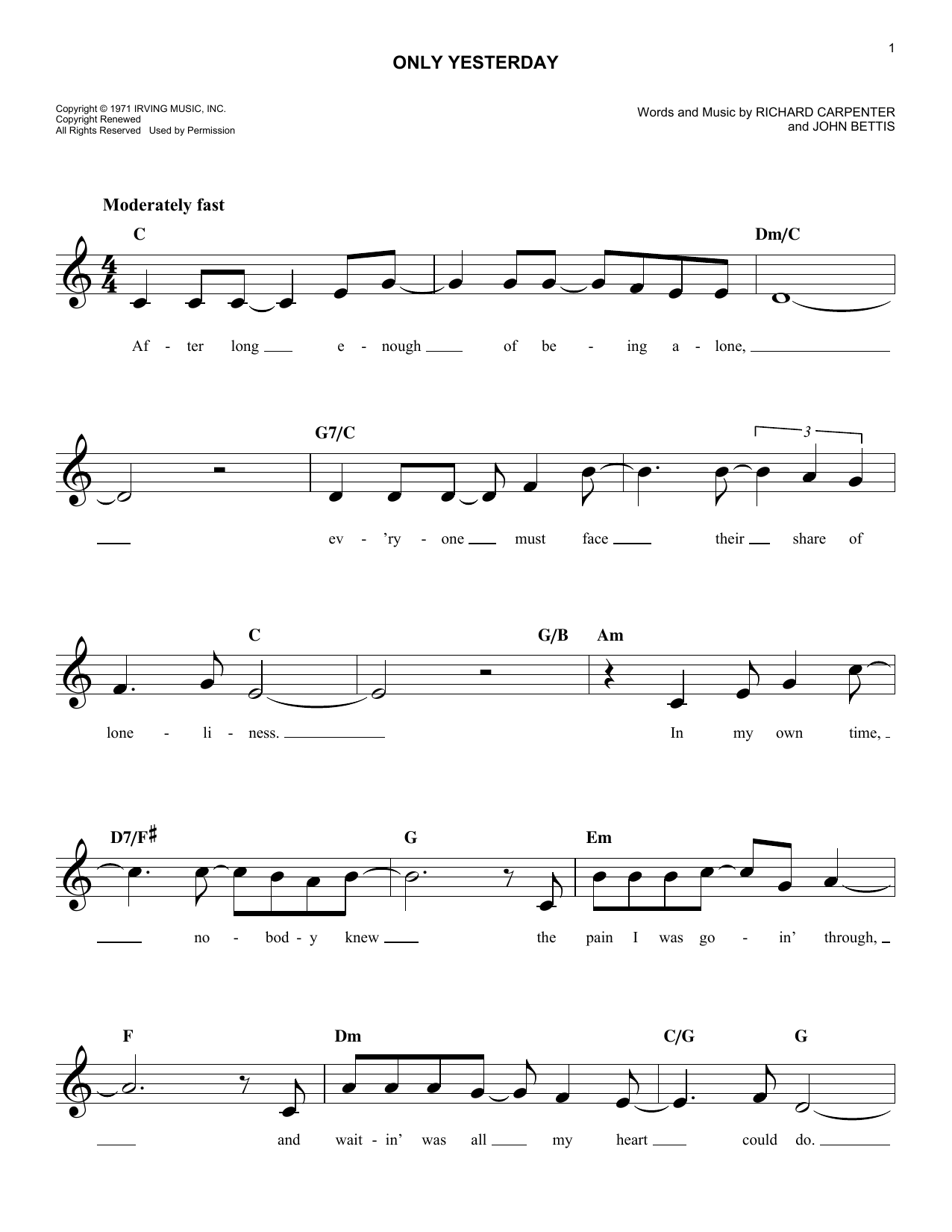 The Carpenters Only Yesterday sheet music notes and chords. Download Printable PDF.