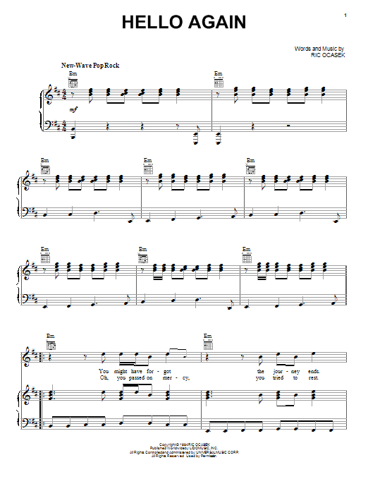 The Cars Hello Again sheet music notes and chords. Download Printable PDF.