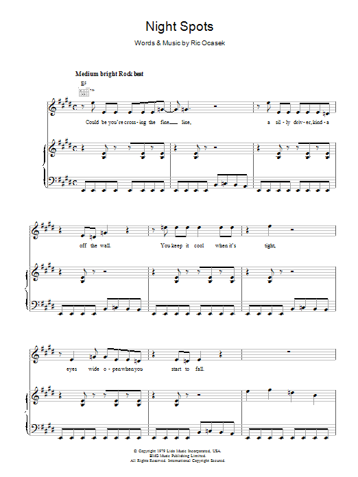 The Cars Night Spots sheet music notes and chords. Download Printable PDF.